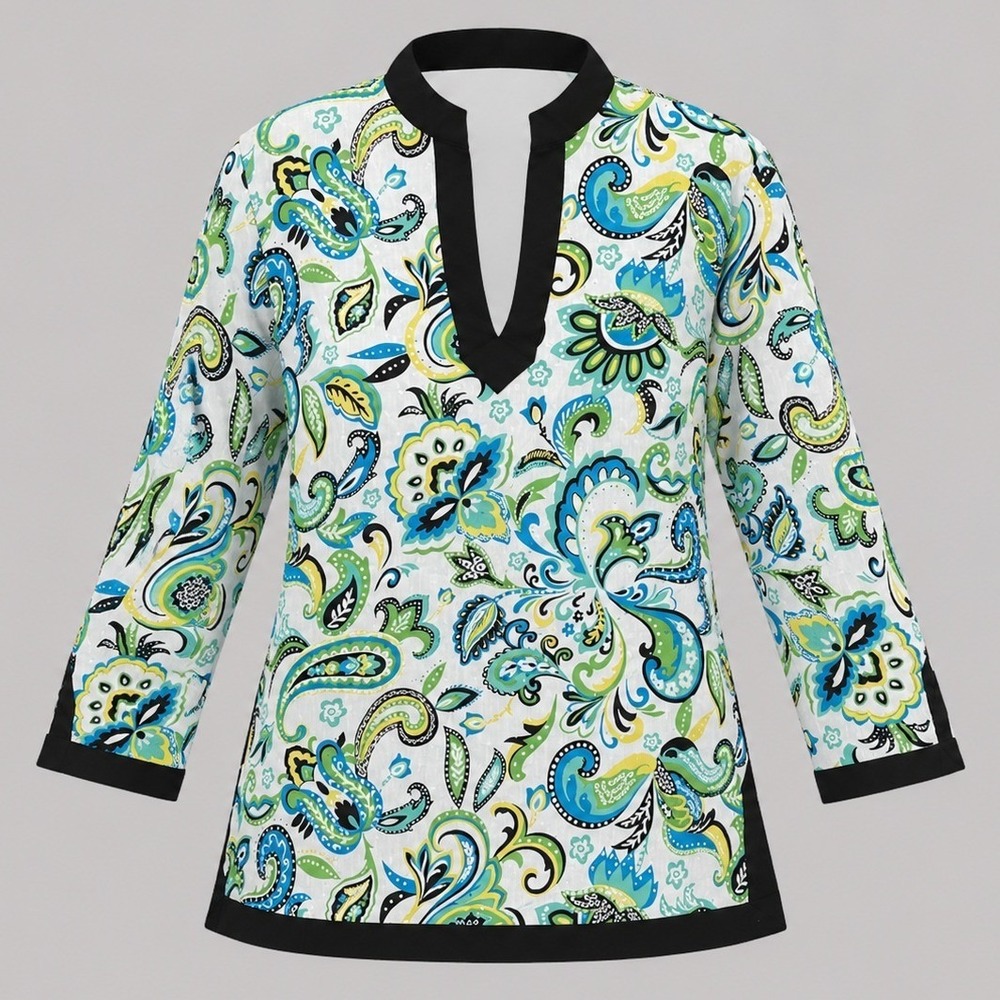 Charter Club Petite Womens 2P Paisley Cotton‎ Tunic Top Blue Green 3/4 Sleeve